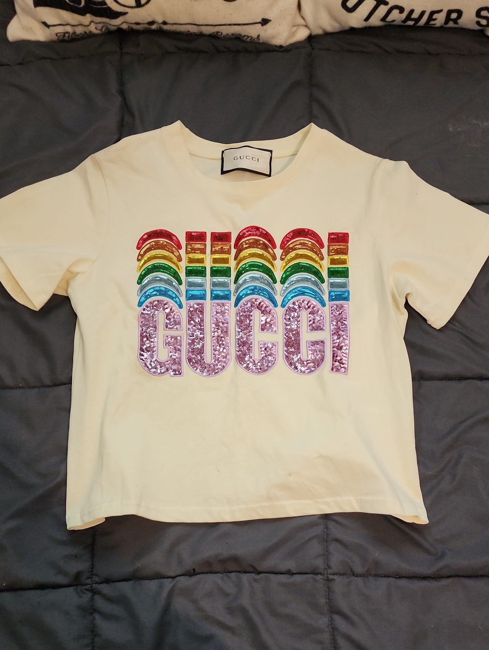 Authentic Gucci Cream Crop Style Rainbow Sequin Tee Size Small